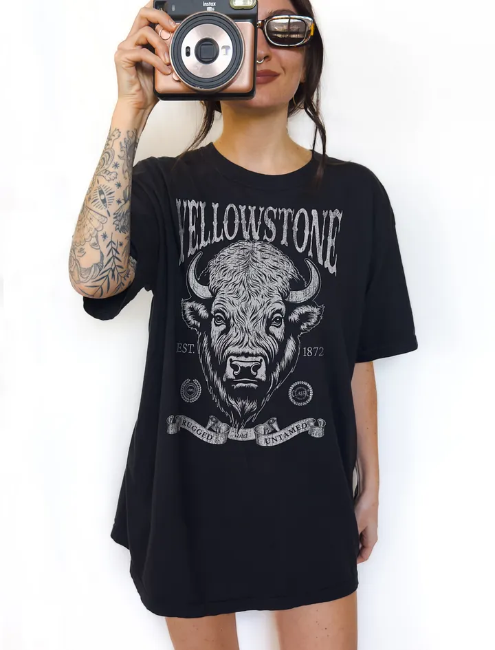 Yellowstone National Park T-Shirt | Vintage-Style Grunge Western Tee with a Bison Head product image (1)