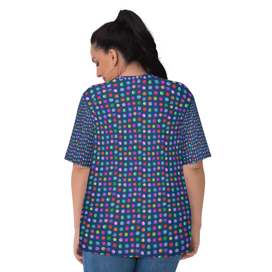 Ladies all over print t shirt navy with watercolor dots design. Ideal or casual as well as evening wear. product image (6)