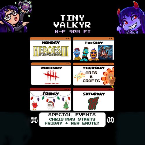 Halloween, Thanksgiving, and Christmas all in one week!? Let's do this!!!
🎉
🎉
🎉
#schedule #stream #twitch #tiny #vtuber #than...