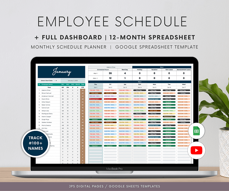 Employee Schedule Template & Dashboard Spreadsheet, Google Sheets Template, Employee Monthly Work Shift Schedule, 2024/2025 Updated Version