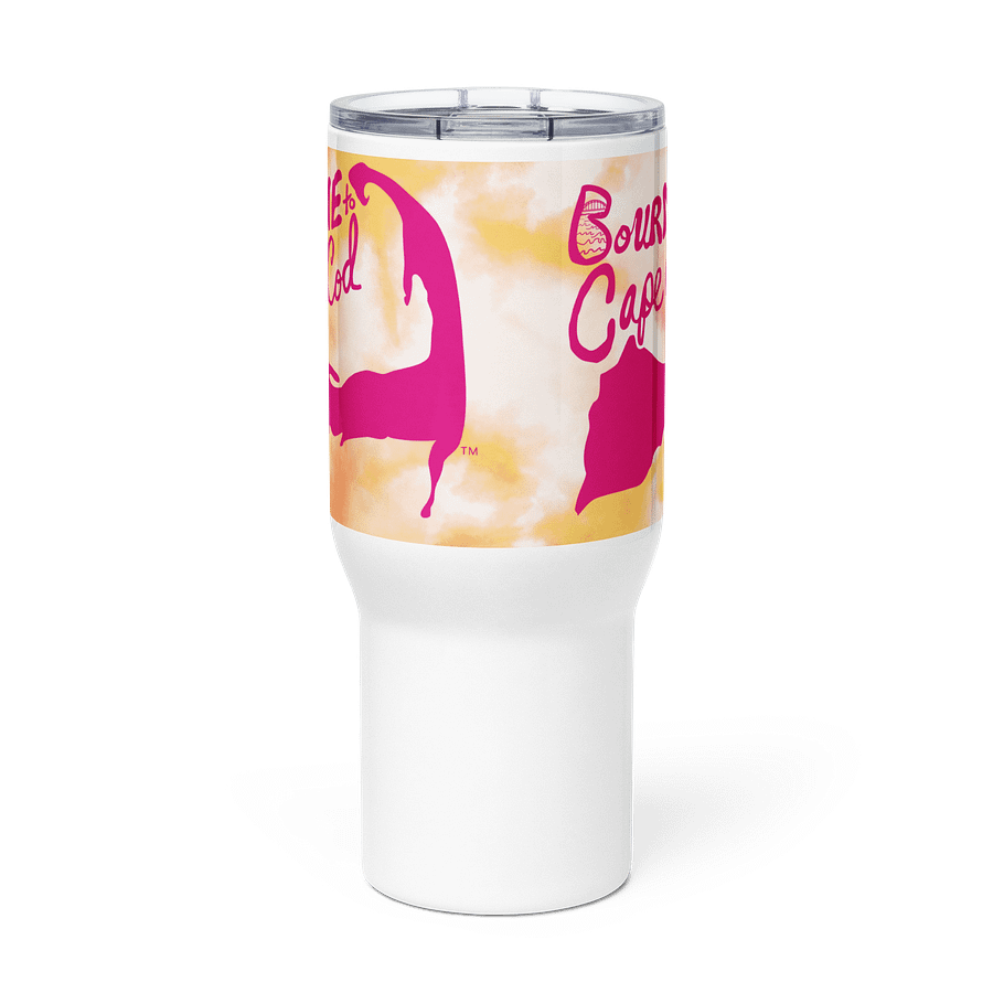 BOURNE to Cape Cod™ | Allcolor 267 | Stainless Steel Travel Mug with Handle | Insulated, Spill-Proof, Coastal Adventure Style | Pink Logo on Orange Tie-Dye product image (3)