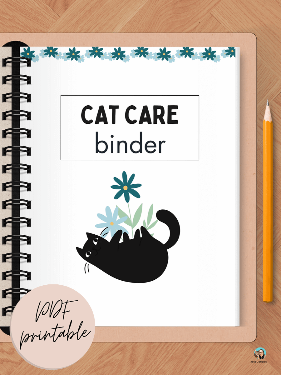 Black Cats & Flowers Cat Care Binder Printable product image (1)