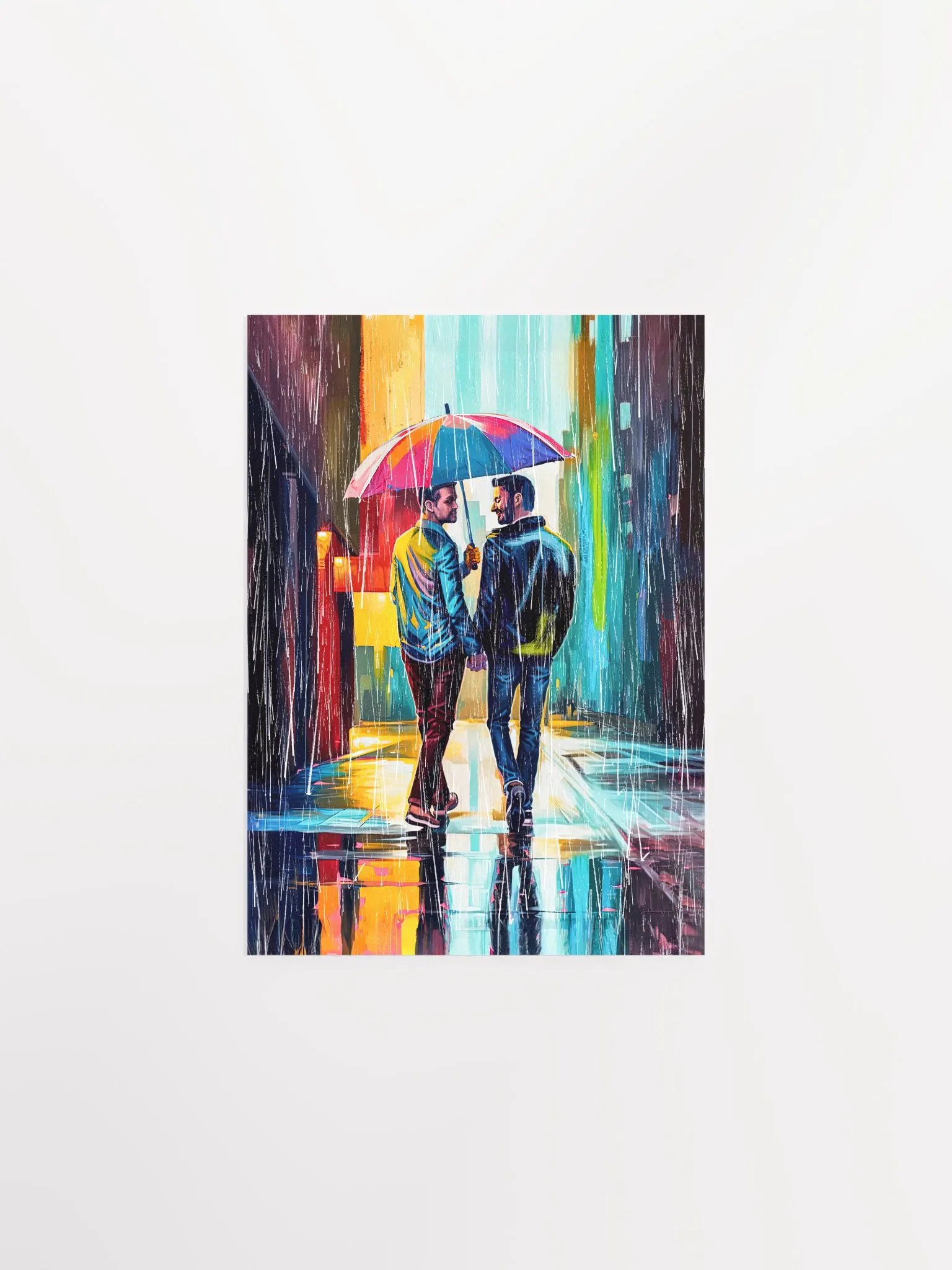 Gay Couple In The Rain – Colorful Two Hearts Studio Art Print product image (1)