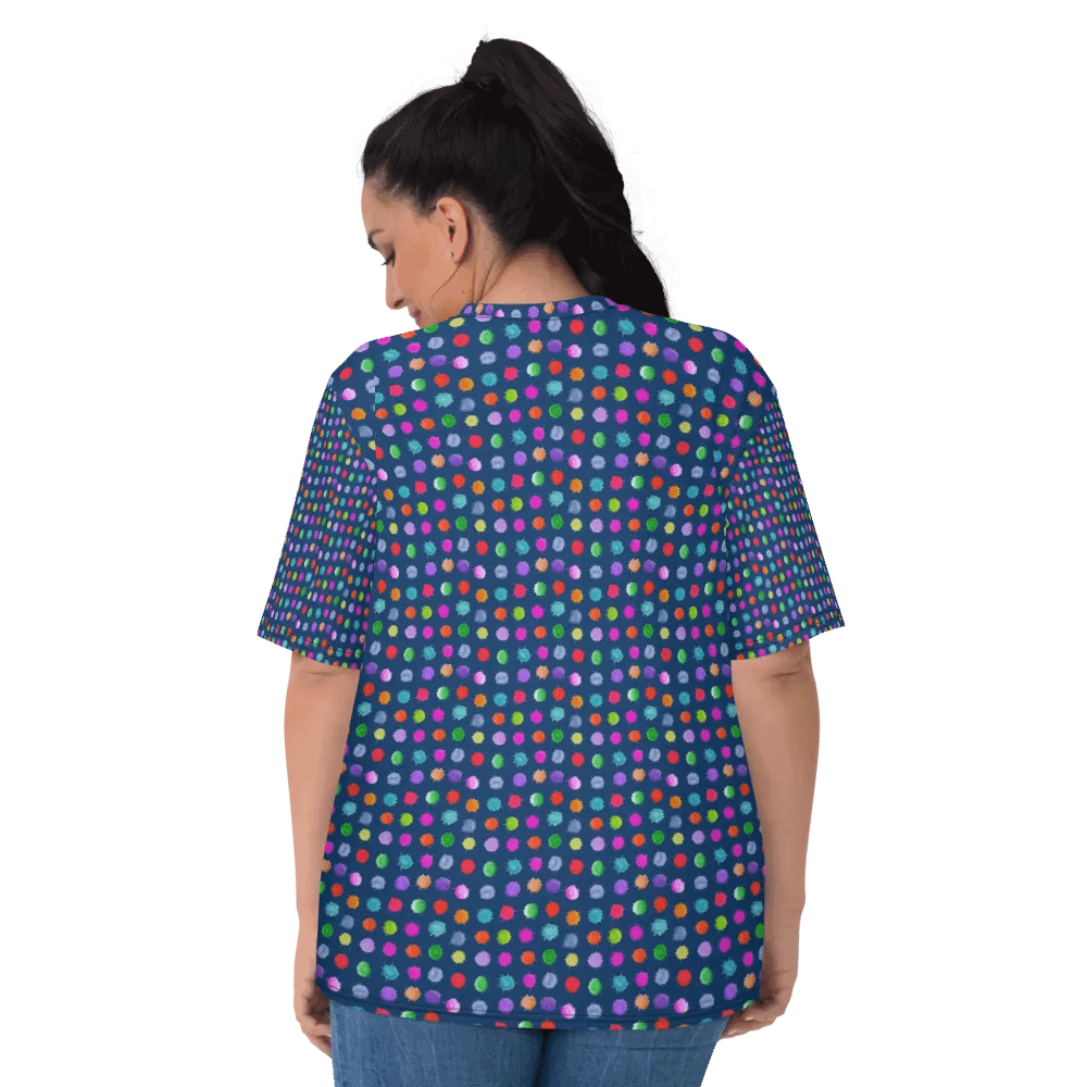 Ladies all over print t shirt navy with watercolor dots design. Ideal or casual as well as evening wear. product image (6)
