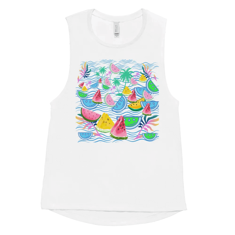 Ladies flowy muscle tank with fun tropical watermelon design for holiday vibe in summery colors product image (11)
