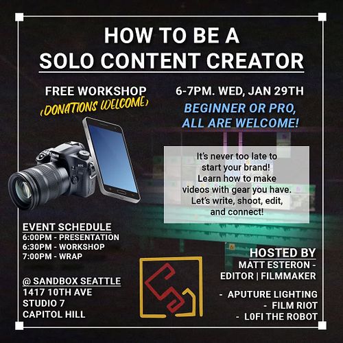 The 1st of our Sandbox Workshop Series - How to Be a Solo Content Creator. Hosted by @matt.esteron - Wed Jan 29th 6-7pm.
*
*
...