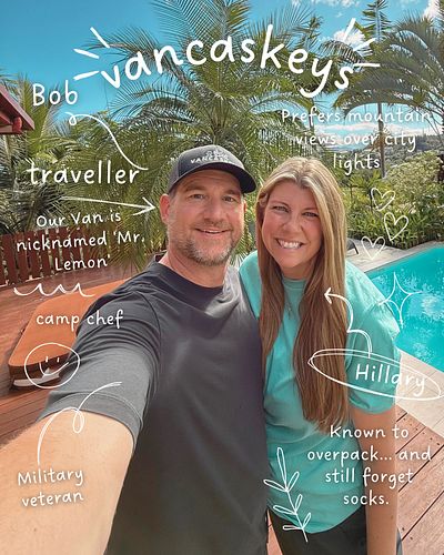 Just a little bit about us…

We’re Bob & Hillary…part-time vanlifers, full-time chaos coordinators. He cooks, I  overpack. Ou...