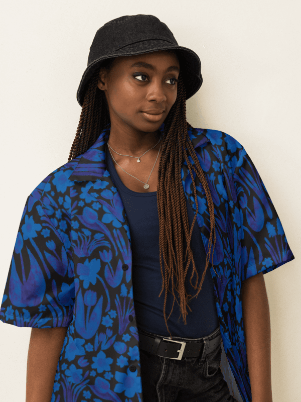 Women's | Spring Garden | Royal Blue on Black Hawaiian Shirt – Bold Floral, Breezy Comfort product image (1)