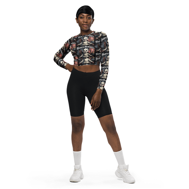 Midnight Veil Designs Gothic All-Over Print Long Sleeve Crop Top - Haunted Memories Black product image (1)