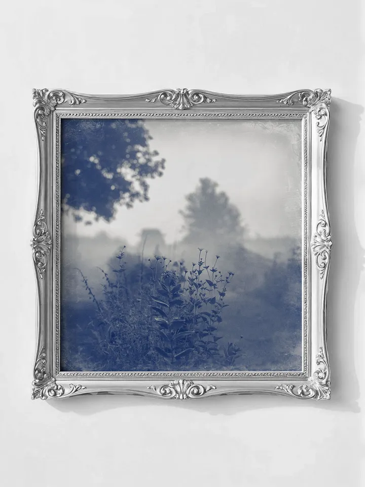 Misty Morning on the Farm, Vintage Blue Monochrome Square (Printable) product image (1)