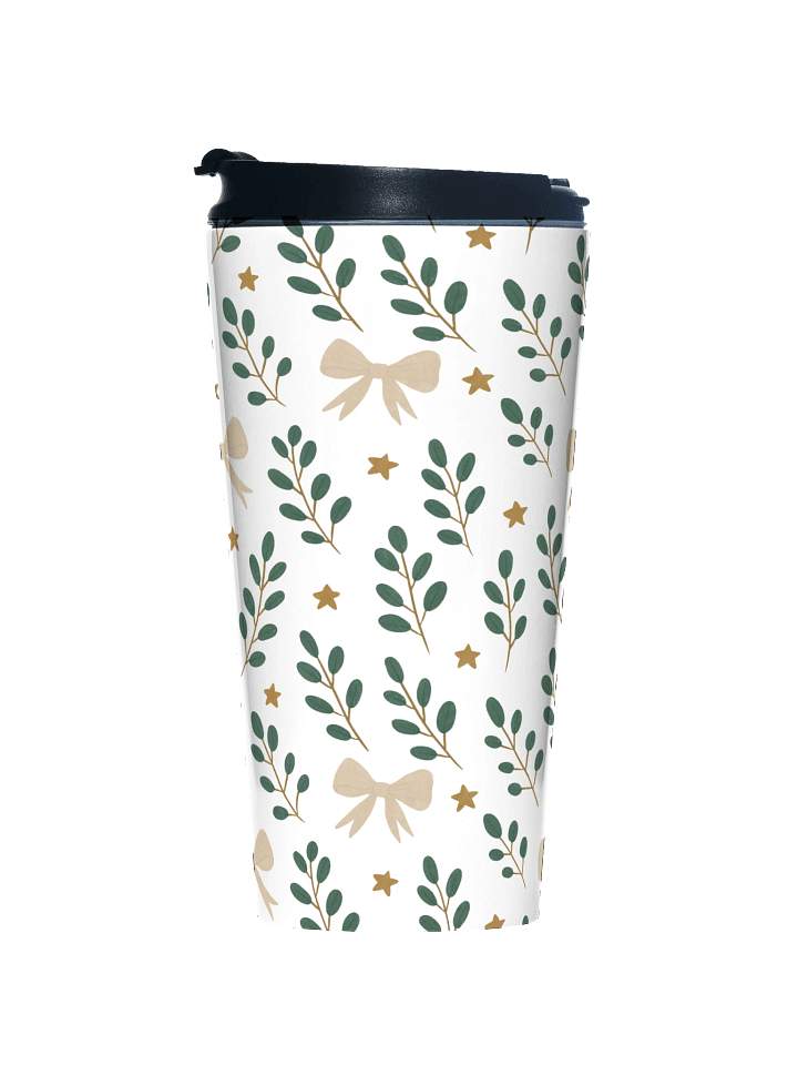 Stainless steel travel mug ribbons & stars botanical Christmas. Elegant holiday thermal mug product image (1)