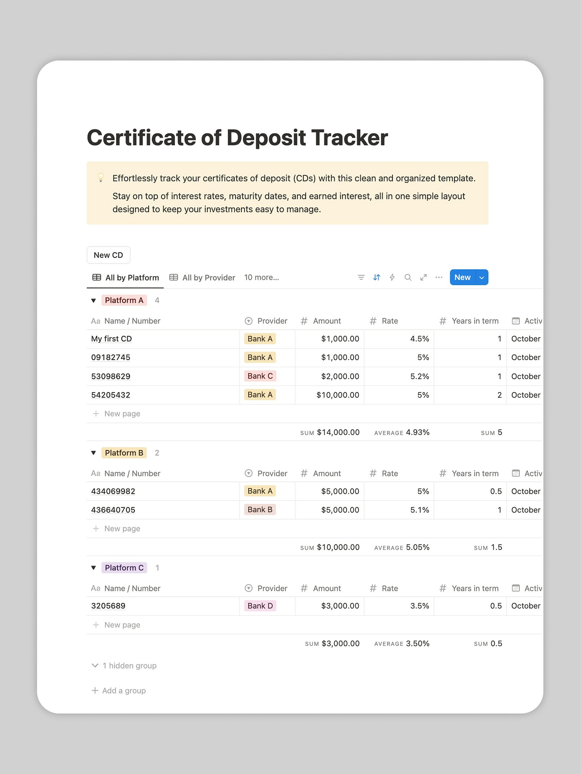 Certificate of Deposit Tracker - Personal Finance Notion Template product image (1)