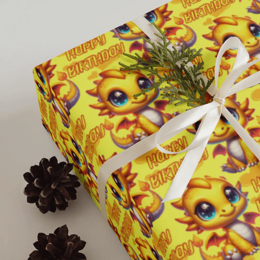 Happy Birthday Baby Dragon Gift Wrapping Paper 3 Sheet Set #1 Yellow Baby Dragon product image (4)