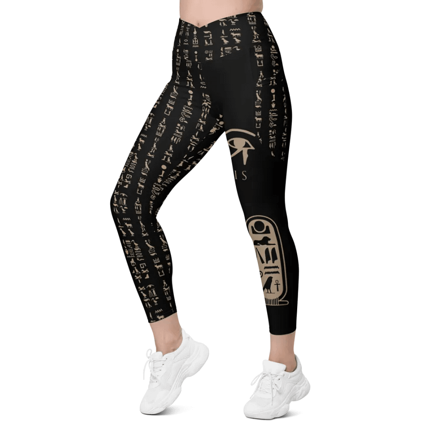 Nefertiti Black Hieroglyphs All-Over Print Crossover Leggings with Pockets product image (5)