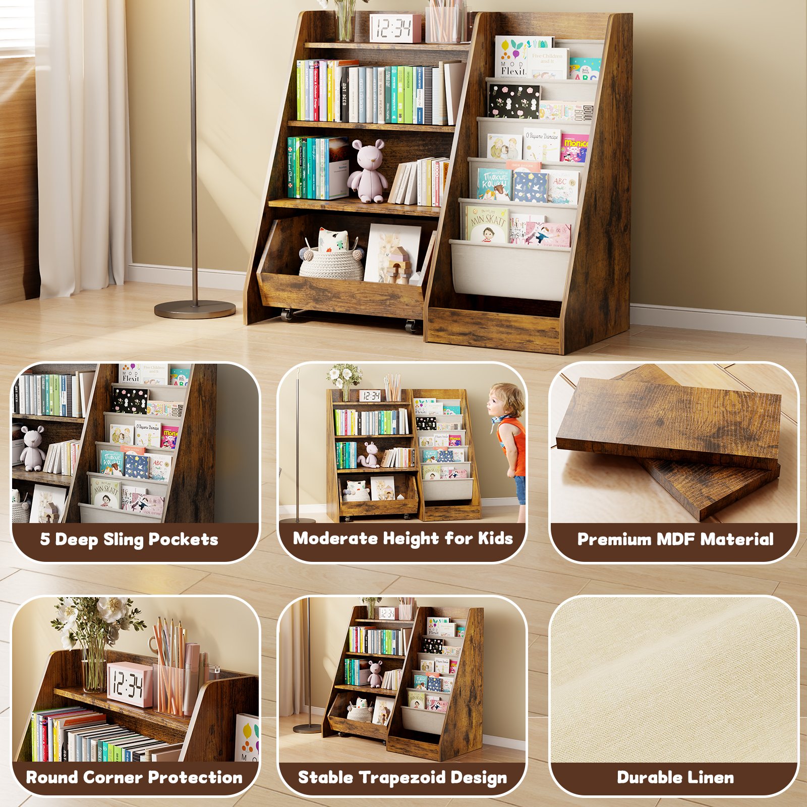 4-Tier Kids Bookshelf and Toy Storage, Book Shelf for Kids Rooms, Wooden bookcase for Toddler Children Baby in Nursery Playroom Living Room - Idea Gifts for Boys and Girls (Brown product image (5)