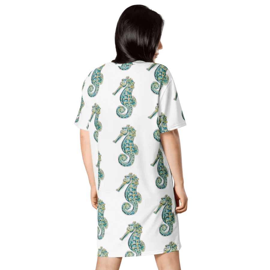 Women's | Ocean Majesty | Painted Seahorse | T-Shirt Dress | Coastal Oversized Dress | Ocean-Inspired Casual Style | White Background product image (2)