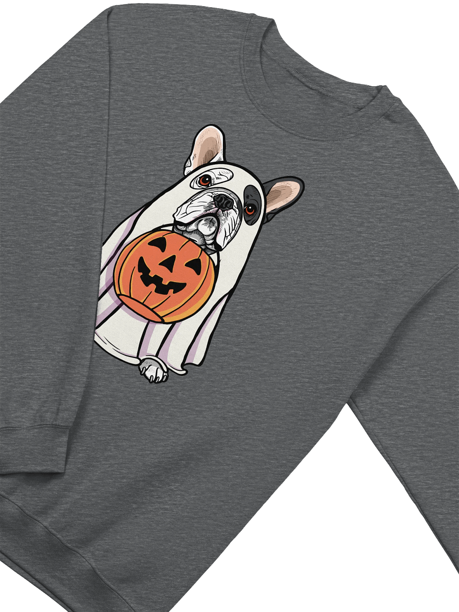 Funny Halloween French Bulldog(Pied) Sweatshirt | Funny Frenchie Wearing a Ghost Costume and Holding a Pumpkin Basket product image (8)