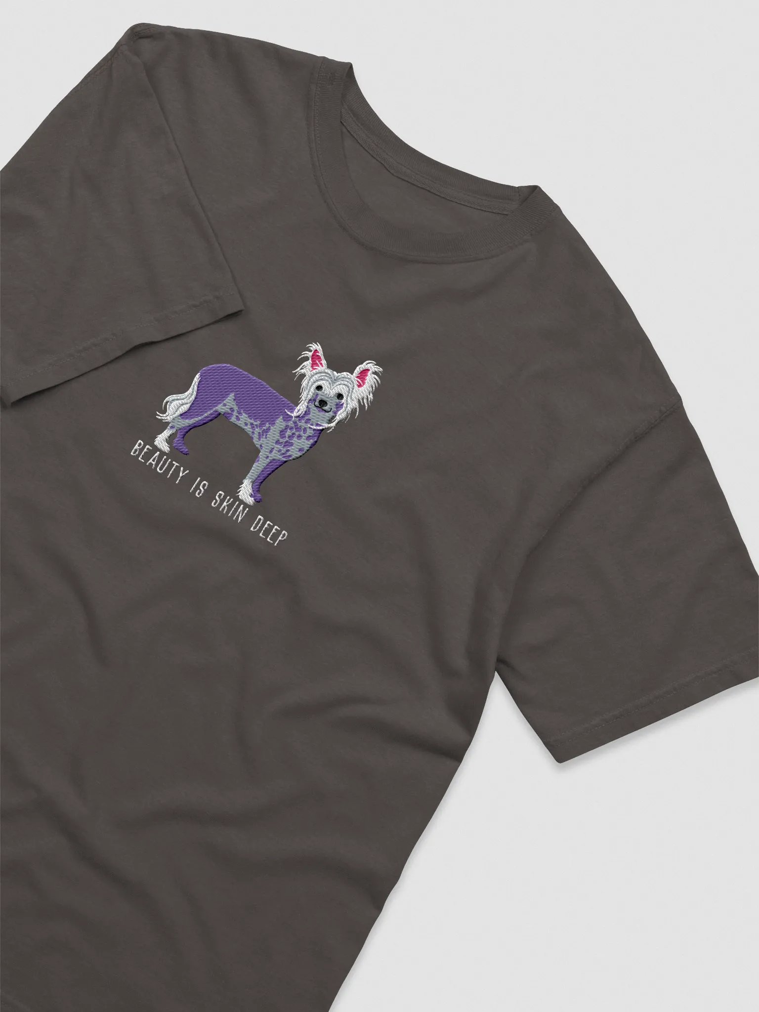 Beauty Is Skin Deep T-Shirt(Embroidered) of a Chinese Crested Dog product image (6)