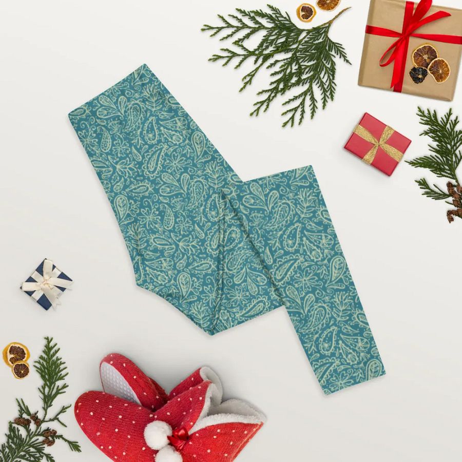 comfortable leggings in soft light teal   with white paisley  design for those that  like paisley pattern elements. product image (8)