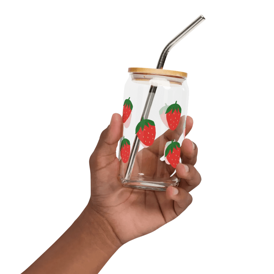 strawberry glass cup with lid & straw product image (5)