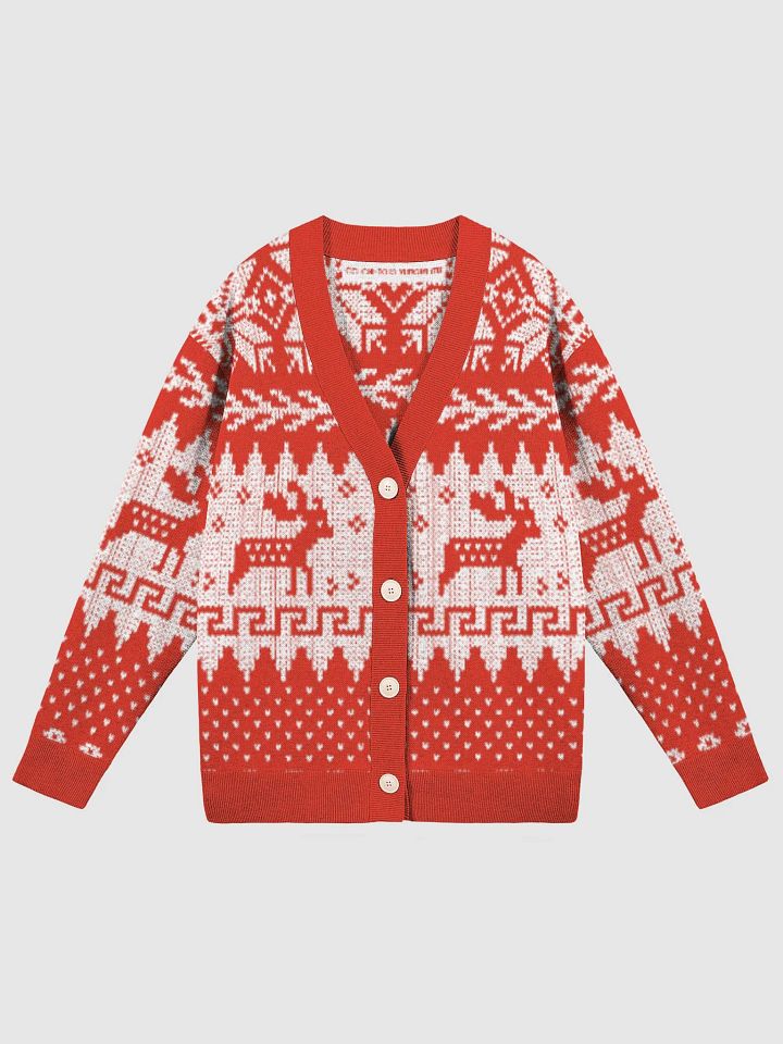 Winter Snow & Deer Red and White V-Neck Knit Sweater product image (2)