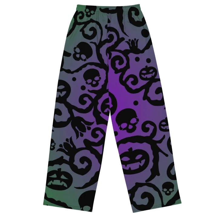Purple & Green Scary Pumpkins Skull Unisex Wide-Leg Pants product image (1)