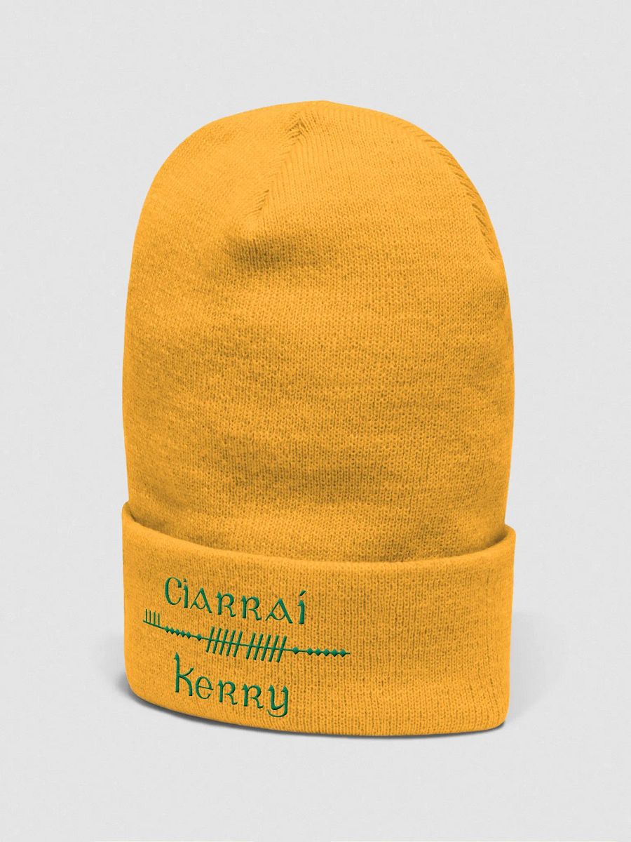 Kerry/Ciarraí Scholastic style Ogham, Gold with Green, embroidered Cuffed Beanie product image (2)