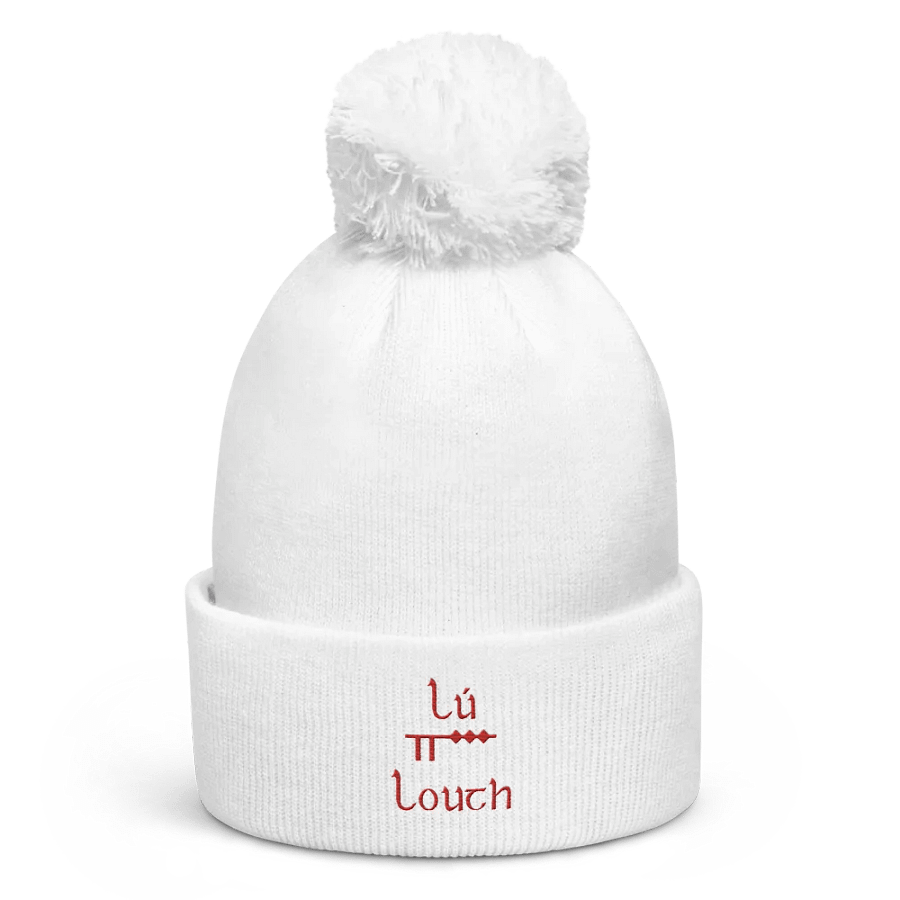 Louth/Lú Scholastic style Ogham white embroidered Pom-Pom Beanie product image (1)
