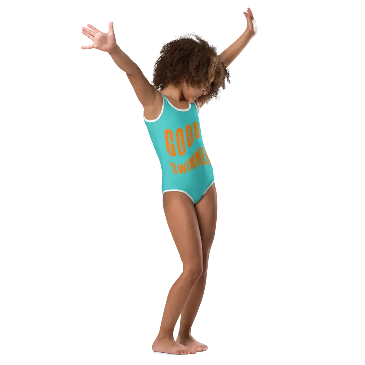 Good Swimmer Orange on Turquoise Kids Swimsuit product image (1)