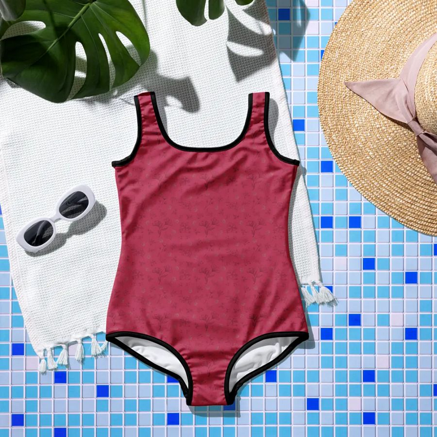 Gold Leaves and Chocolate Flowers on Magenta Youth Swimsuit product image (8)