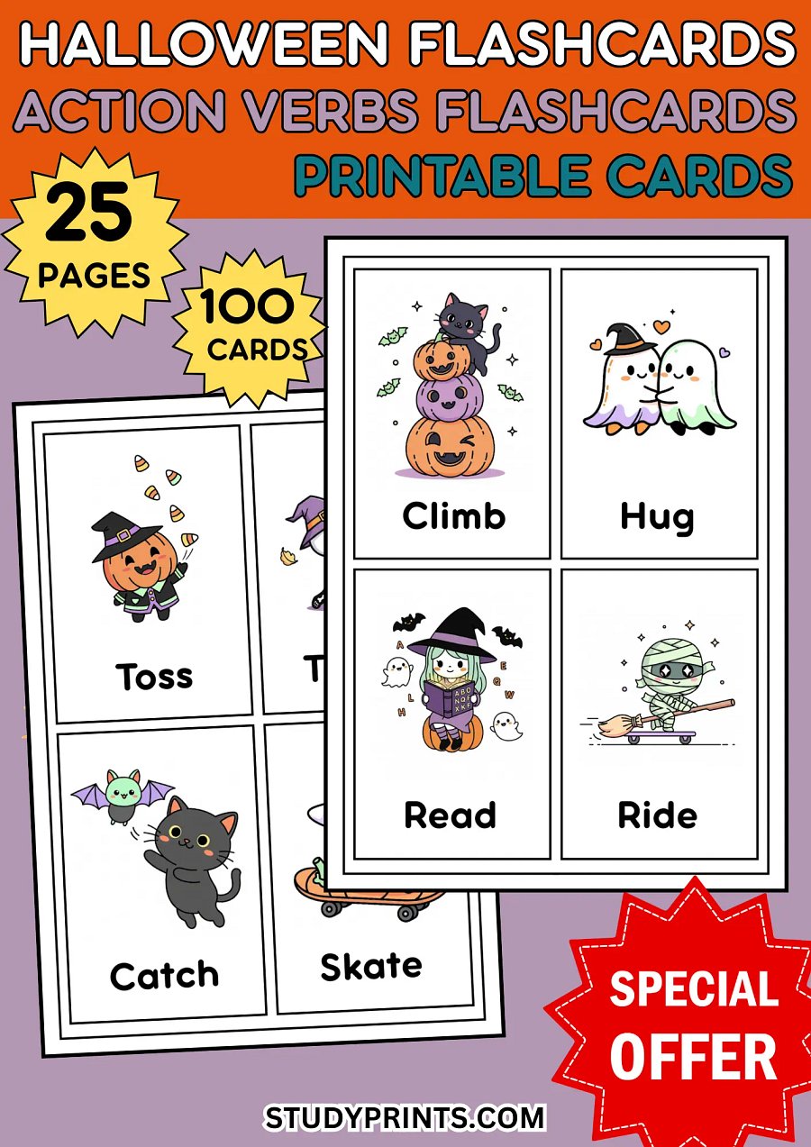 Halloween Flashcards | 100 Printable Action Verbs Cards For Kids product image (1)