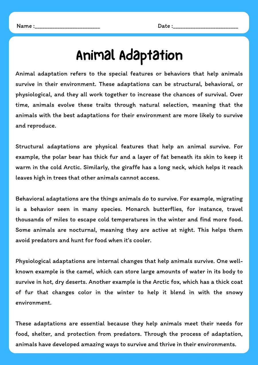 Animal Adaptation Reading Passage with Comprehension Questions product image (1)