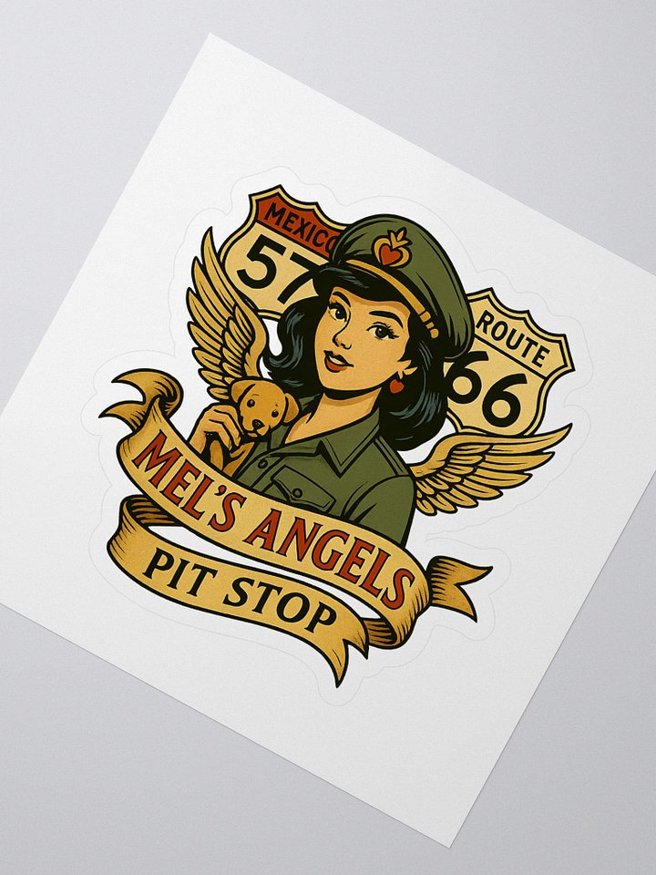 Mel’s Angels Pit Stop Kiss-Cut Sticker – Retro Biker Pin-Up with Dog & Route 66 Design product image (2)