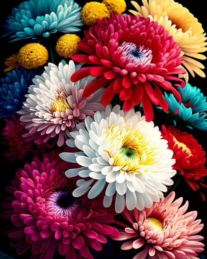Rainbow Chrysanthemum Array - Exquisite Floral Bouquet Art Print Matte Poster product image (1)