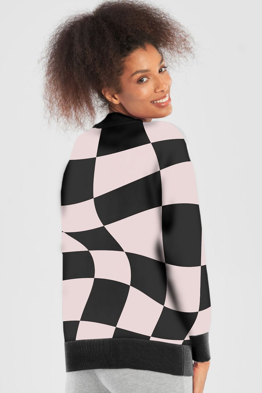 Distorted Check Pink Black Cardigan Sweater product image (13)