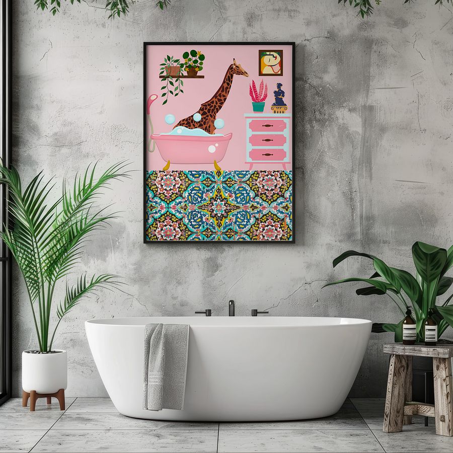 Bathing Giraffe Pink Bathroom Wall Art Print product image (4)