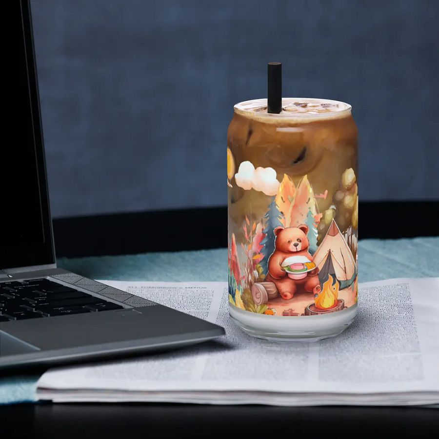 Camping Bear Glass Can | Wilderness Adventure Drinkware product image (3)