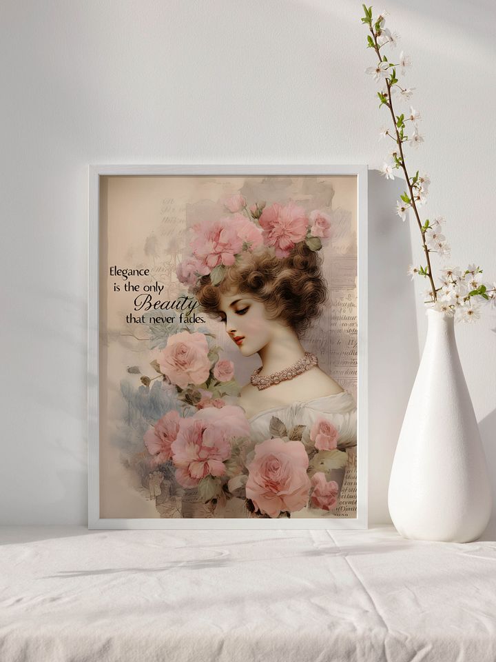 Vintage Woman with Pink Roses and Inspirational Elegance Quote product image (1)