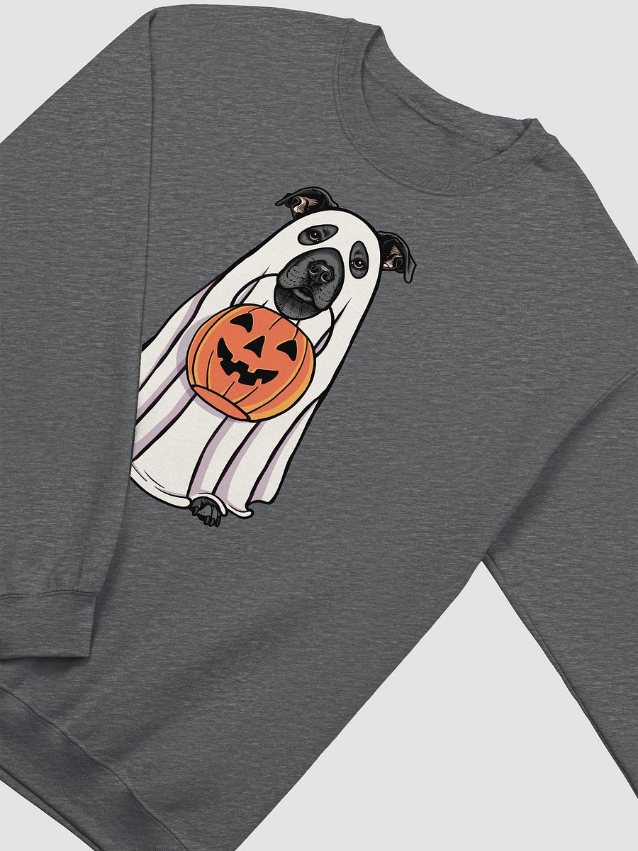 Funny Halloween Staffordshire Terrier(Blue) Sweatshirt | Funny Staffy Wearing a Ghost Costume and Holding a Pumpkin Basket product image (8)