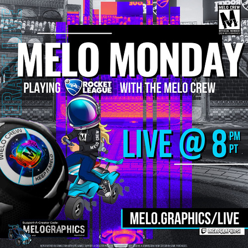It's #MeloMonday #rocketleague with the #MeloCrew #live on #twitch at 8p PT. #streamloots enabled 😈🔥🏎️

Watch & Interact live...