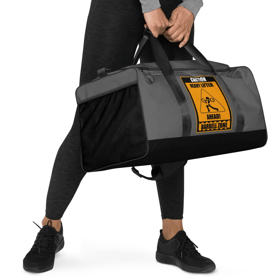 Caution Heavy Lifter Ahead-Barbell Zone Duffle Bag (Dark Gray and Black) product image (5)