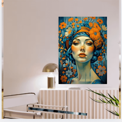 Wall Art Print Woman Portrait with Flowers Modern Art Deco Vibrant Artwork Orange Blue Floral product image (3)