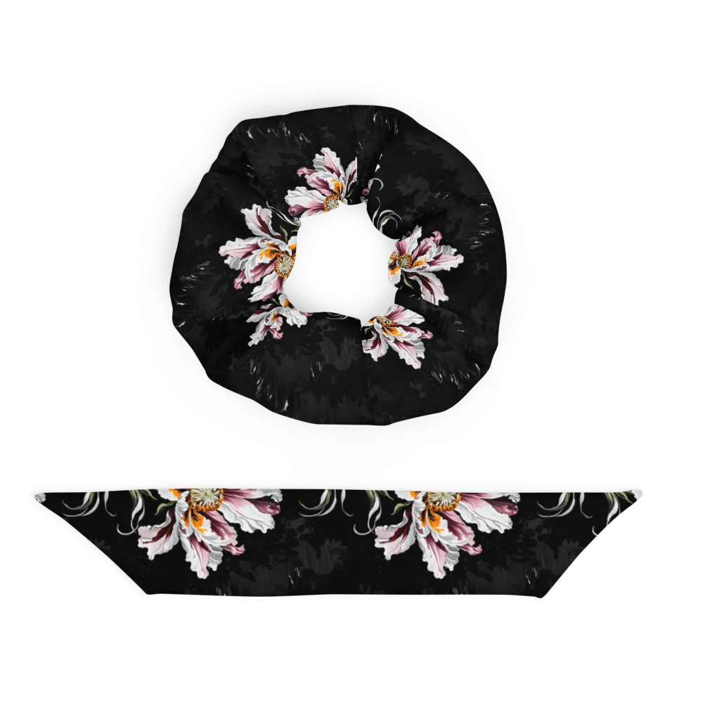 Hair Scrunchie - Painted Pink Flowers on a Black Background product image (5)