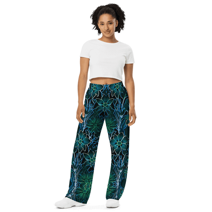 Trippy Teal Floral/All-Over Print Unisex Wide-Leg Pants by Sublicolor product image (2)