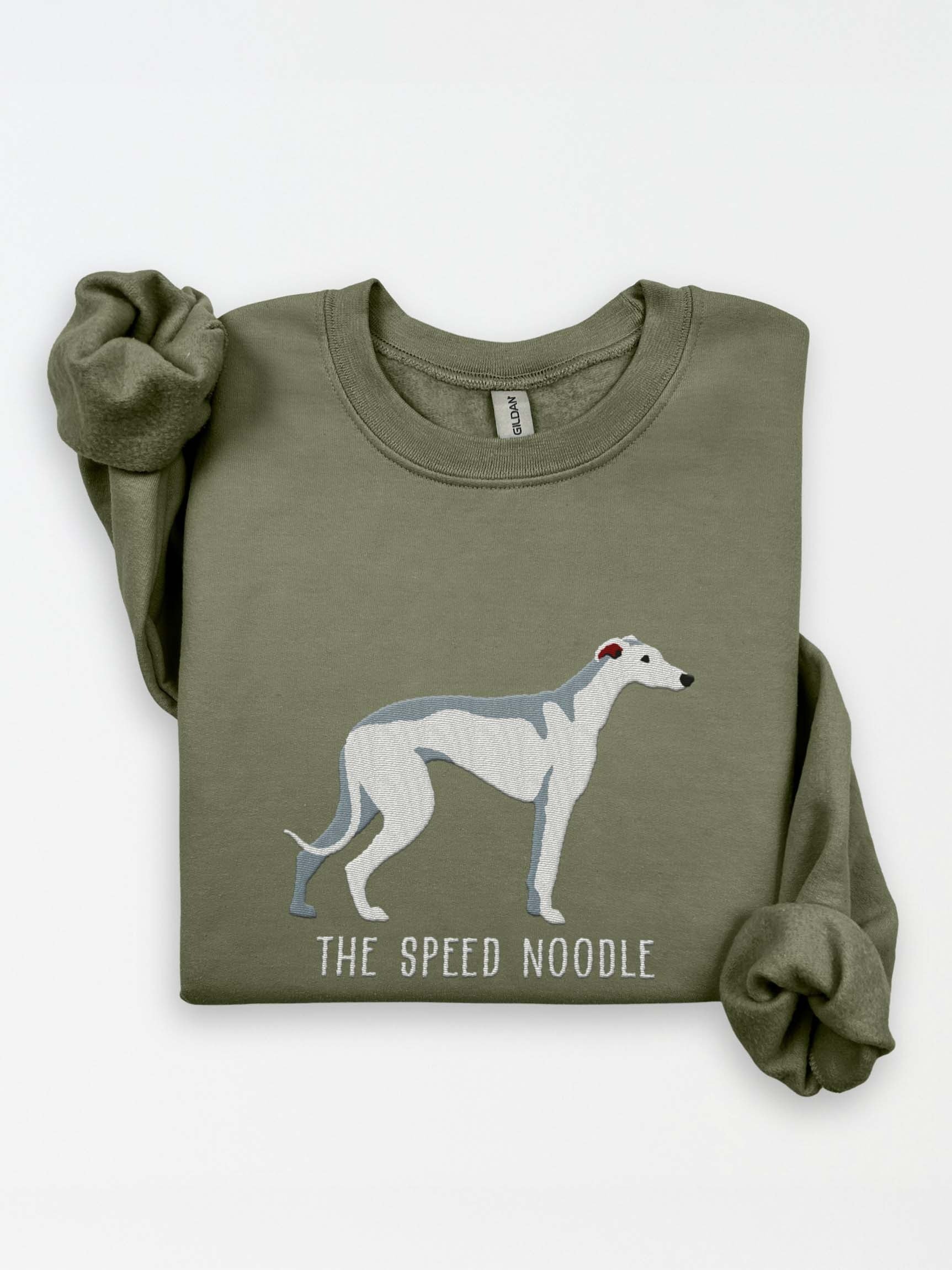 The Speed Noodle Sweatshirt (Embroidered) of an English Greyhound(White) product image (1)