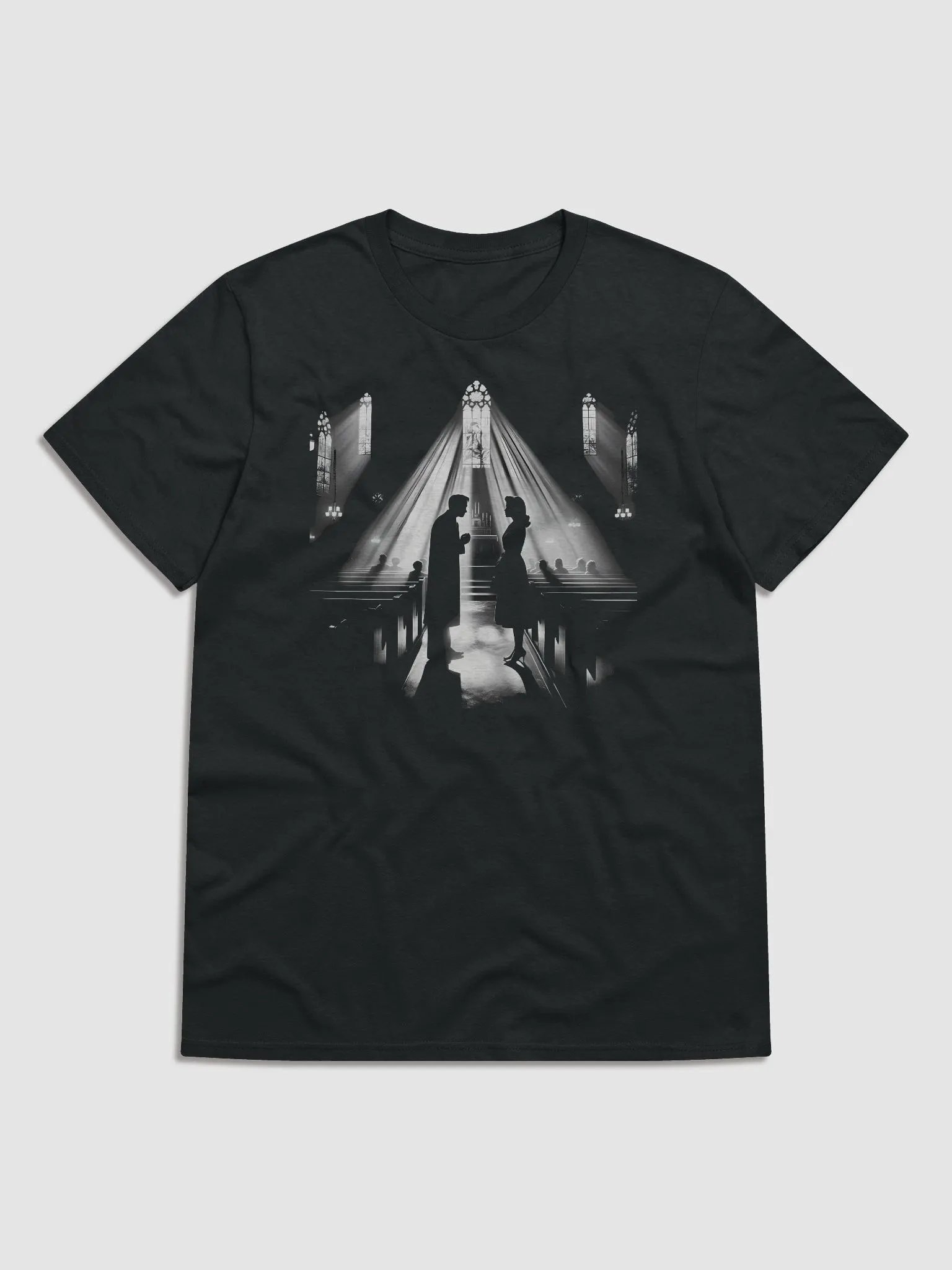 Sacred Noir: Whispered Vows in Light and Shadow (Front Print Womens Tee) product image (1)