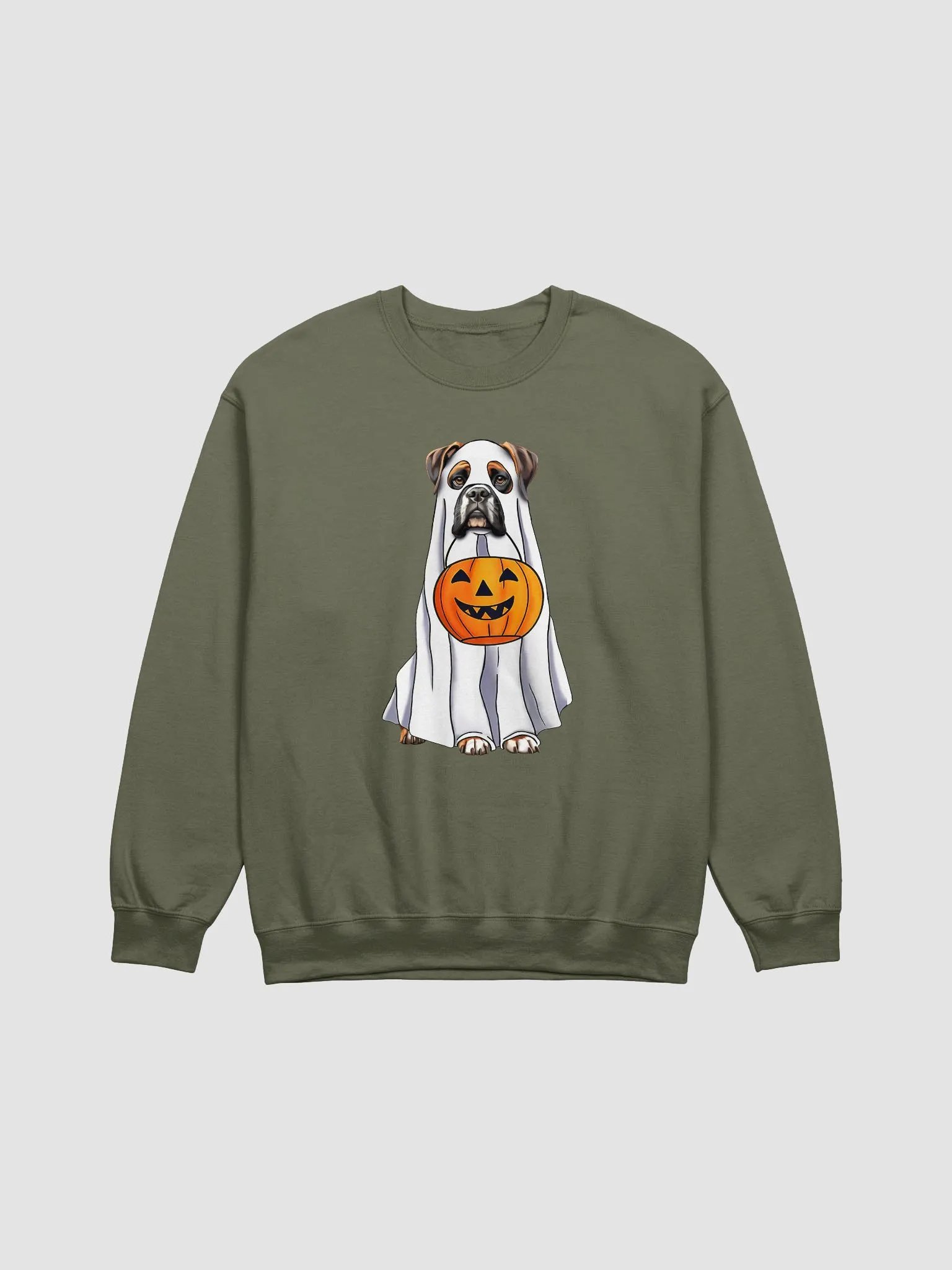 Boxer Dog Halloween Sweatshirt | Funny Fall and Halloween Boxer Wearing a Ghost Costume with Pumpkin Basket product image (21)