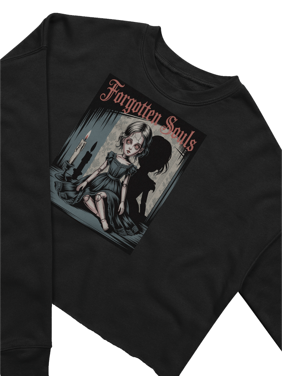 Forgotten Souls Women's Fleece Crop Sweatshirt - Black Gothic Doll Design by Midnight Veil Designs product image (3)