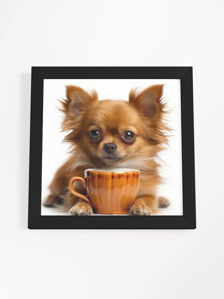 Coffee Lover Cute Tan Long Haired Chihuahua Puppy Framed Wall Art product image (2)