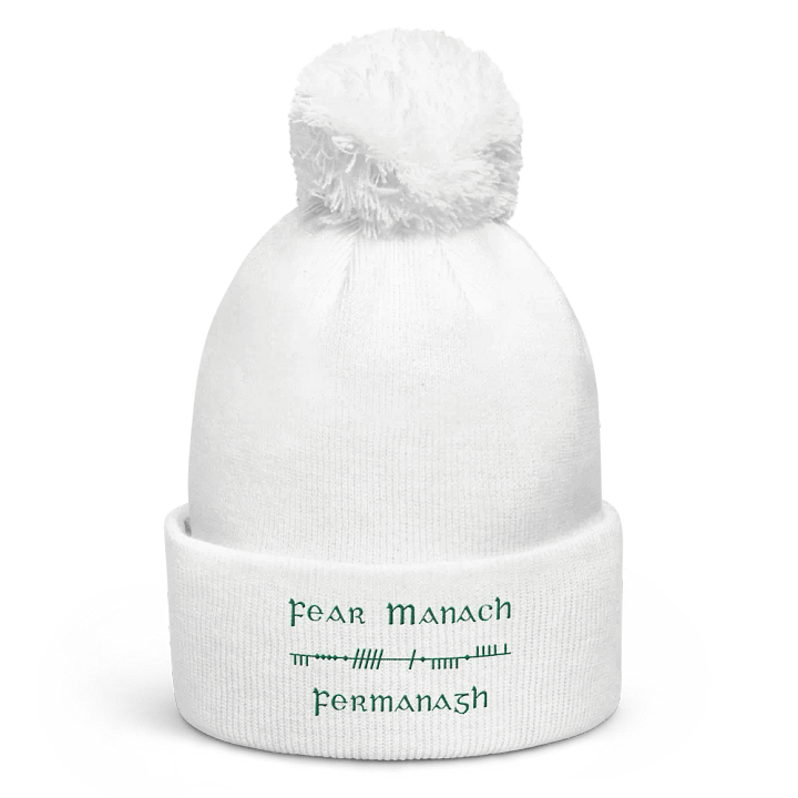 Fermanagh/Fear Manach Scholastic Style Ogham, white with green, embroidered Pom-Pom Beanie product image (1)